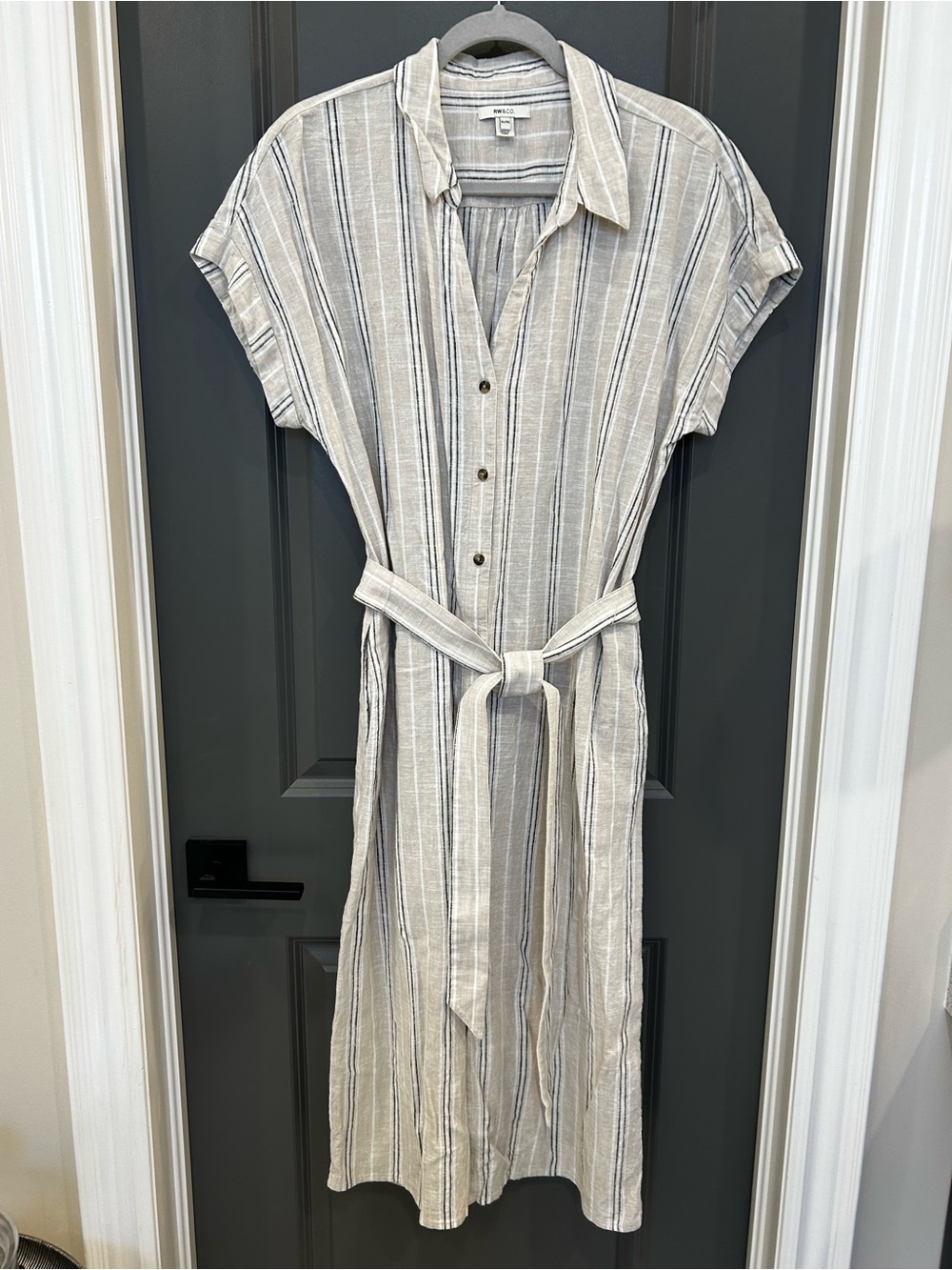 RW&CO. Neutral Striped Linen-Blend Midi Shirt Dress - Beige & Blue